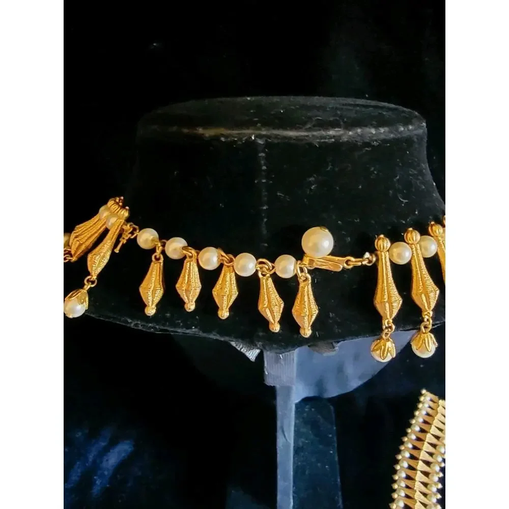 Crown Trifari Alfred Phillippe Necklace Goldtone Pearls Egyptian Revival Parure